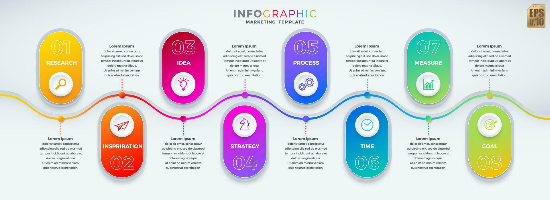 Infographic vector business colorful design round corner and circle icons 8 options isolated in minimal style. You can used for Marketing process, workflow presentations layout, flow chart, print ad.