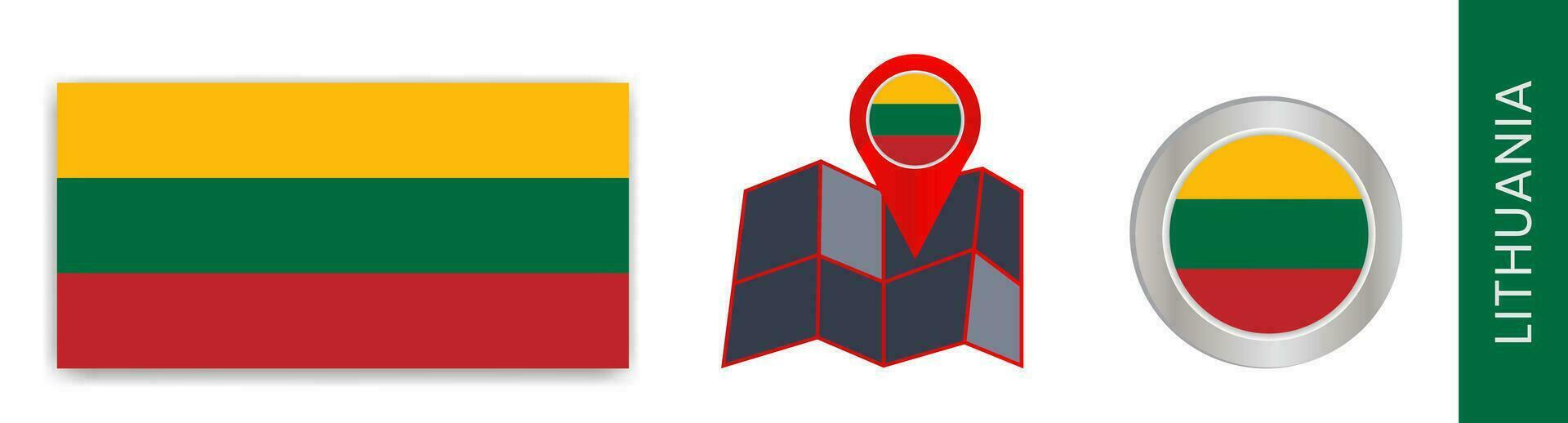 Collection of isolated national flags of Lithuania in official colors and map icons of Lithuania with country flags. vector