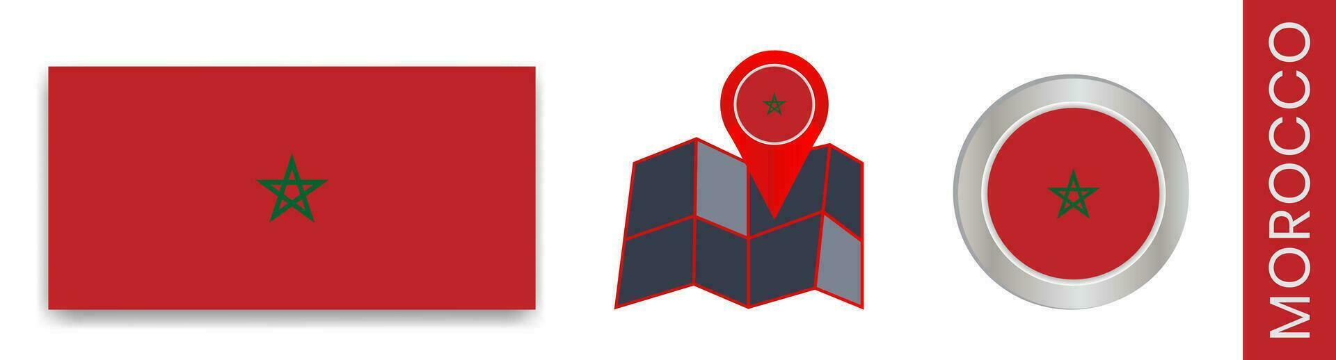 Collection of Moroccan flags isolated in official colors and map icons of Morocco with country flags. vector