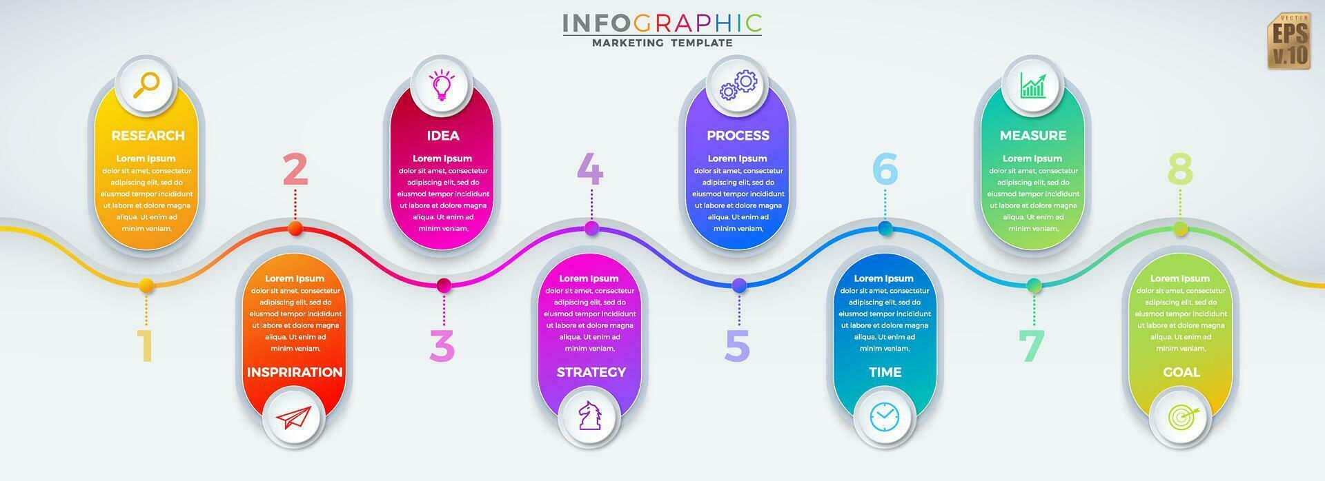Infographic vector business marketing template colorful design circle icons 8 options isolated in minimal style. You can used for Marketing process, workflow presentations layout, flow chart, print ad