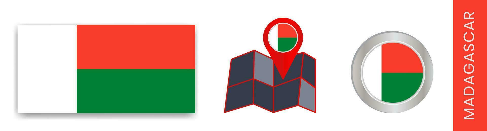 Madagascar's national flag collection is isolated in official colors and a map icon of Madagascar with a country flag. vector