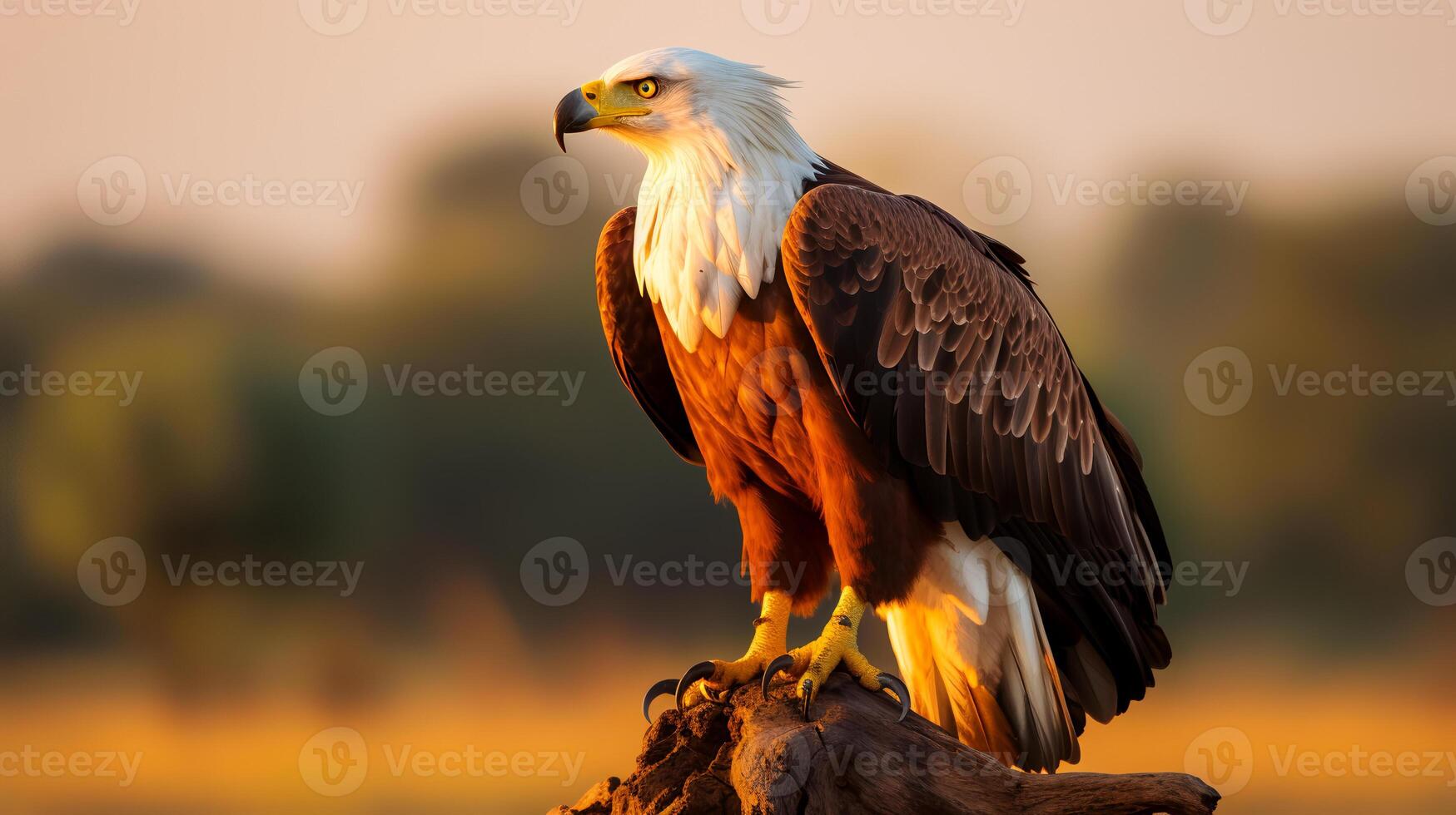 Photo of African Fish Eagle on savanna at sunset.