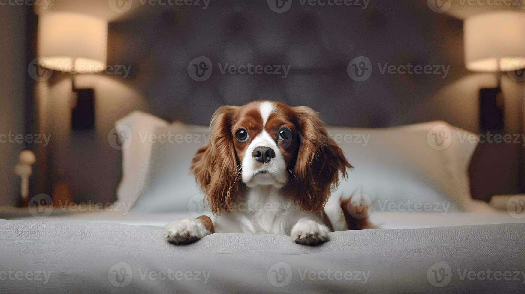 cavalier dog lying on bed in hotel with contemporary interior design. Generative AI photo