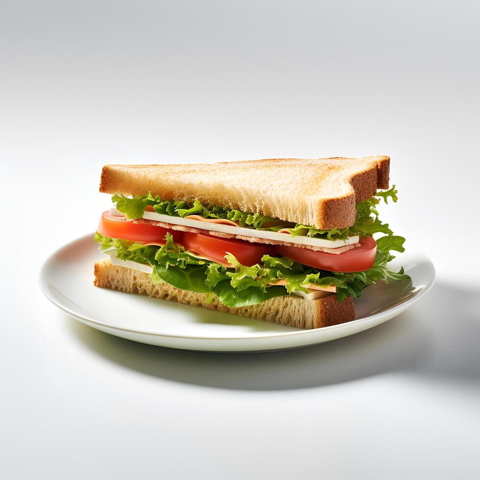 Food photography of sandwich on plate isolated on white background. Generative AI photo