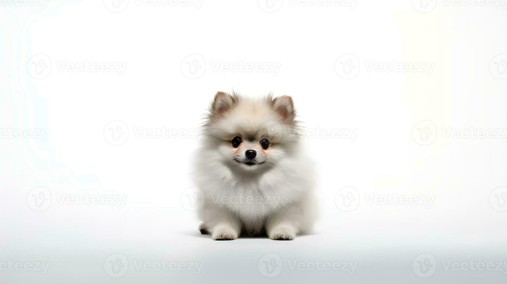 foto de un pomeranio perro en blanco antecedentes. generativo ai