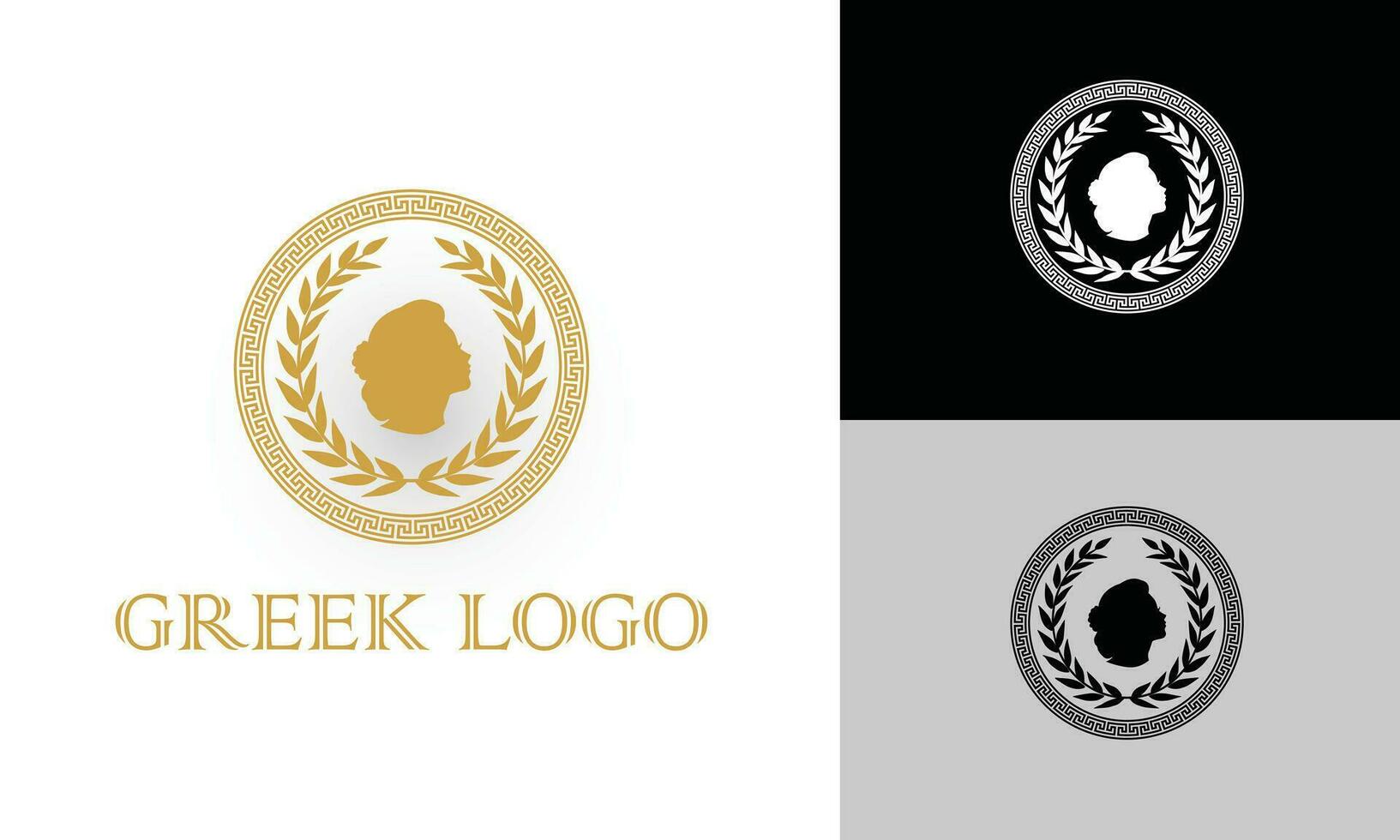 Ancient Greek Figure Coin with Laurel Wreath and Border Pattern logo design. Ancient Gold Greek Coin with silhouette woman head, Laurel Wreath, border pattern vintage label badge emblem logo design. vector