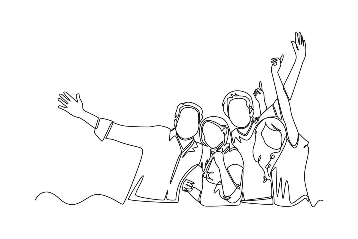 Continuous one line drawing of happy people group, welcoming and applauding concept. Doodle vector illustration in simple linear style.