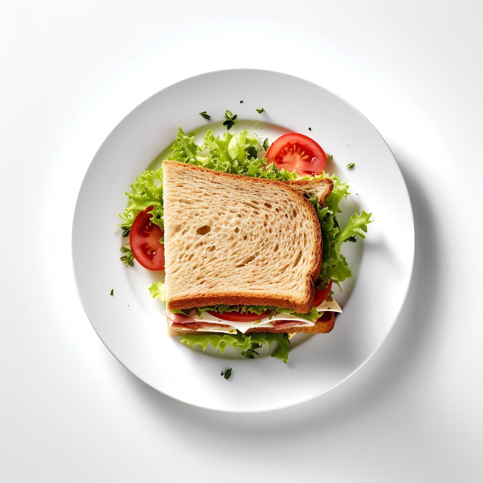 Food photography of sandwich on plate isolated on white background. photo