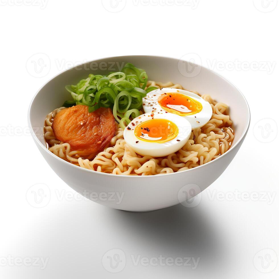 Food photography of Ramen on white bowl isolated on white background. Generative AI photo