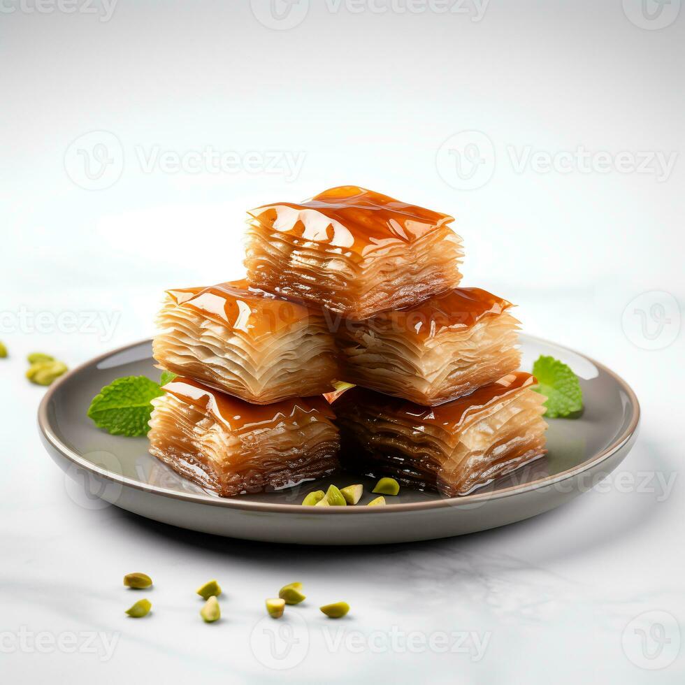 Photo of Baklava on plate isolated on white background. Created by Generative AI