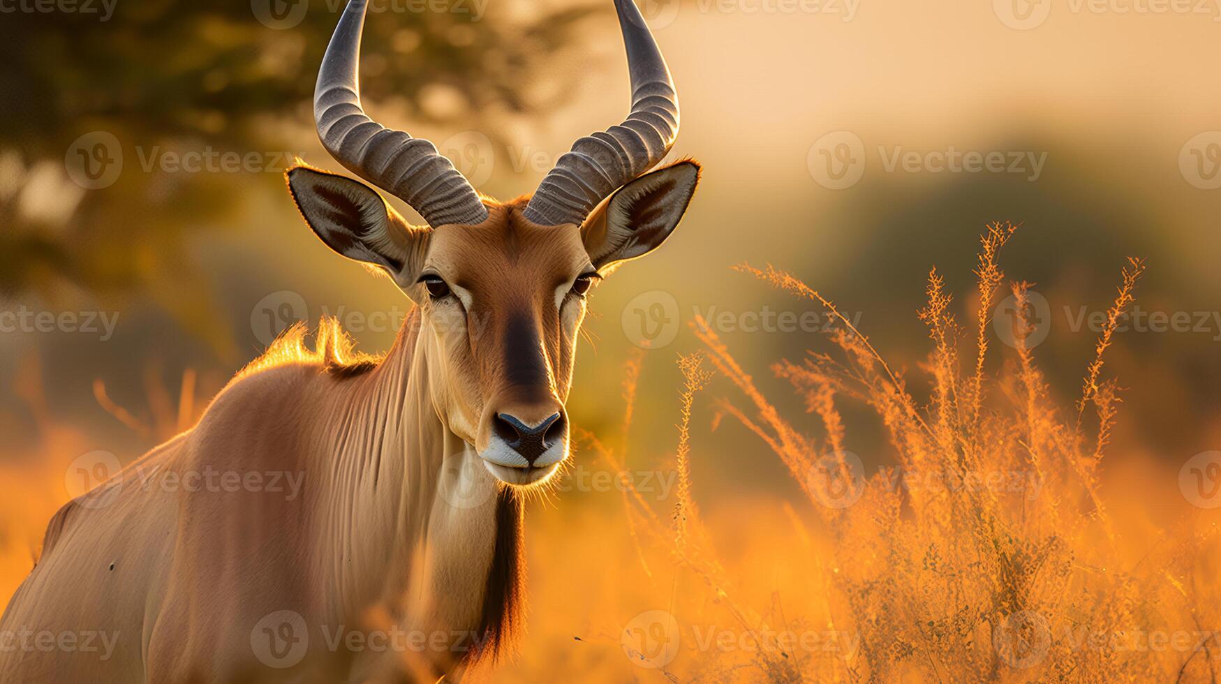 Photo of Hartebeest on savanna at sunset. Generative AI