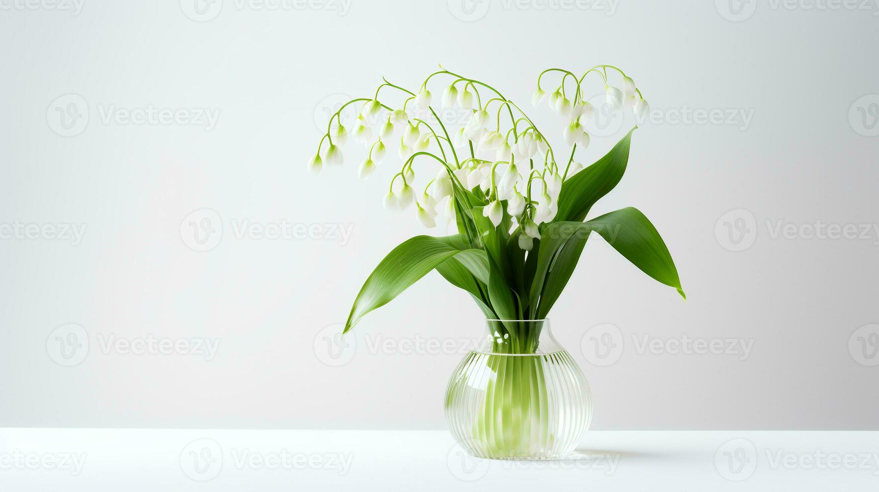 Photo of lily oh the valley in transparent vase as houseplant for home decoration isolated on white background. Generative AI