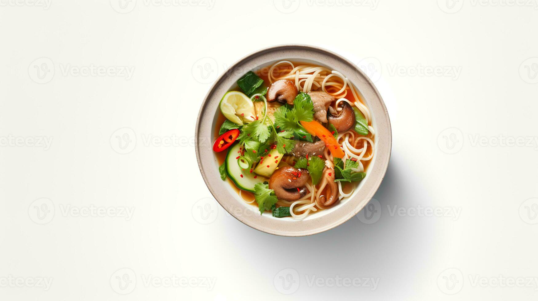 Food photography of pho on bowl isolated on white background. Generative AI photo