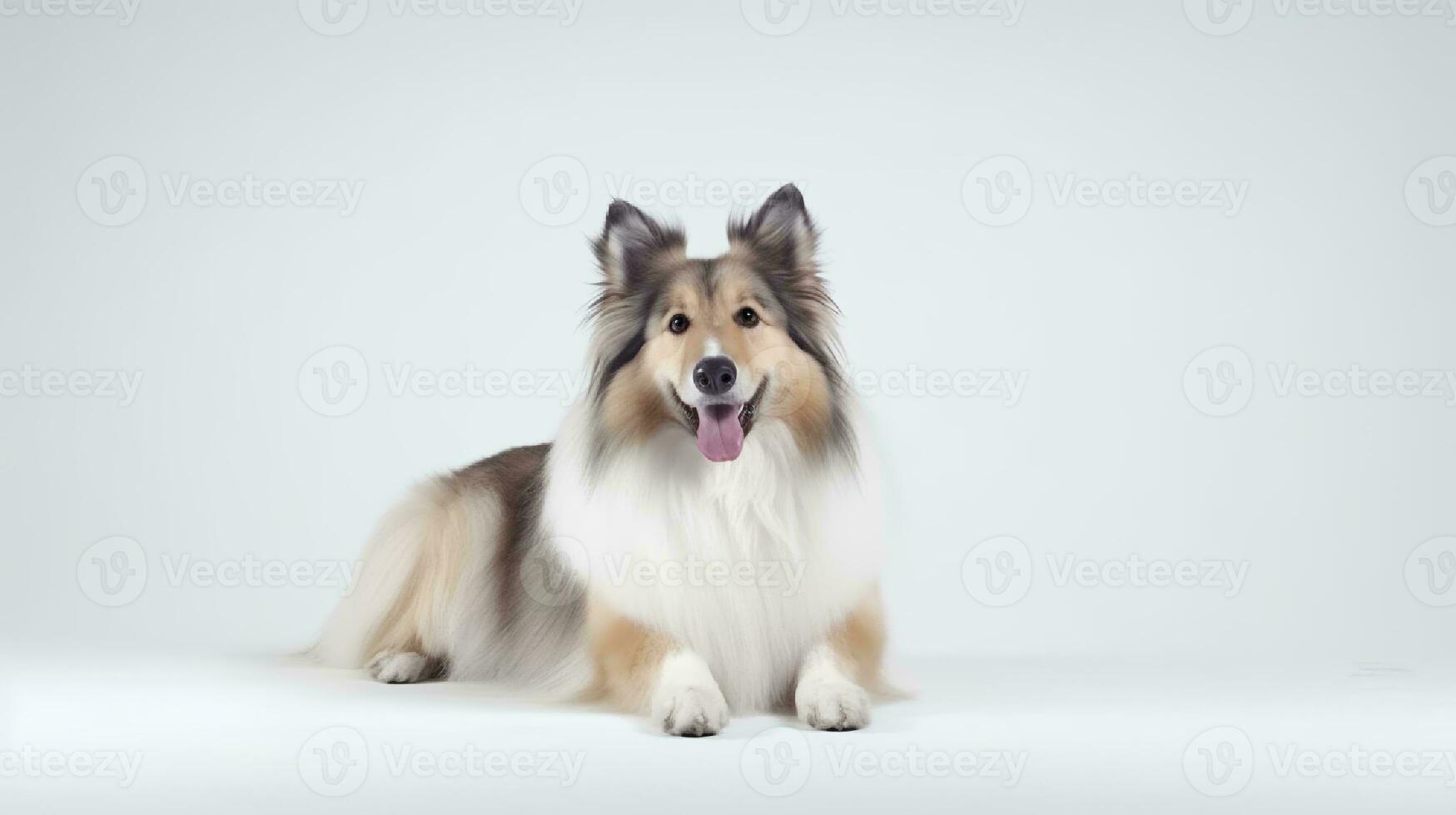 Photo of a rough collie on white background. Generative AI