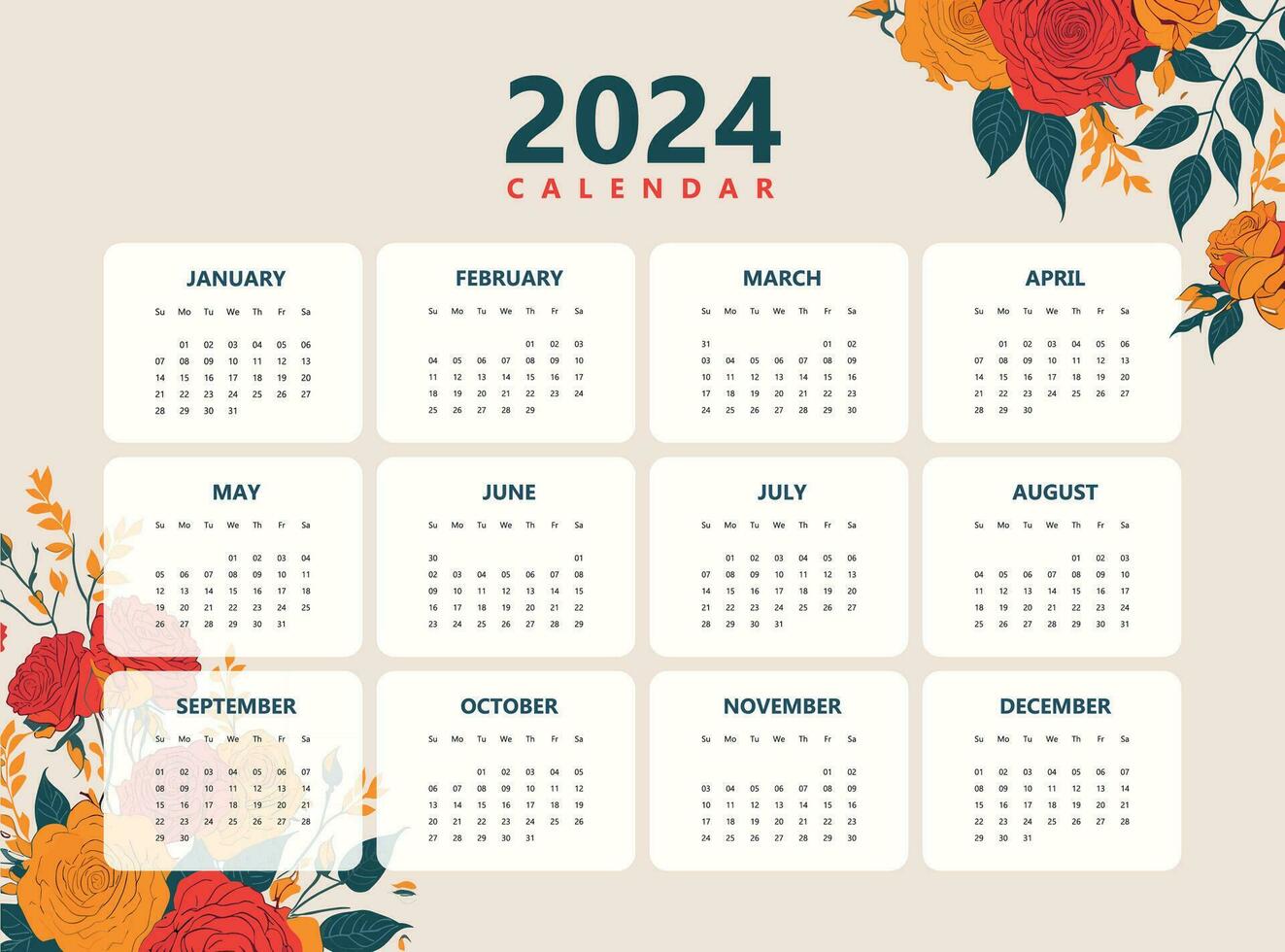 contento nuevo año 2024 calendario diseño moderno plantilla, pared y escritorio calendario diseño vector