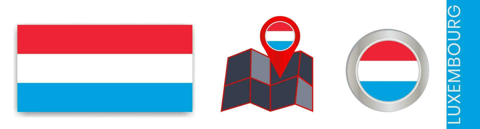 Collection of Luxembourg's national flags isolated in official colors and map icons of Luxembourg with country flags. vector