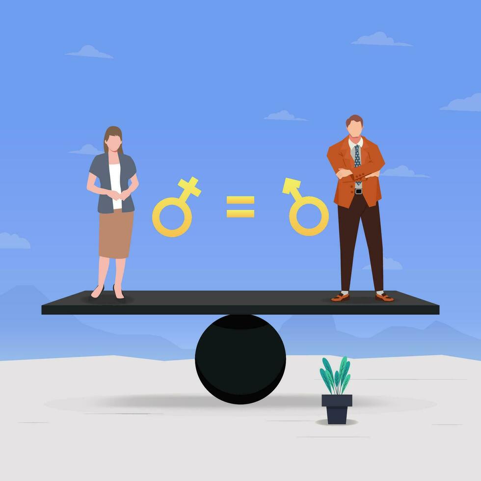 hembra y masculino con género símbolos en equilibrar escala. género igualdad y No discriminación concepto diseño vector ilustración