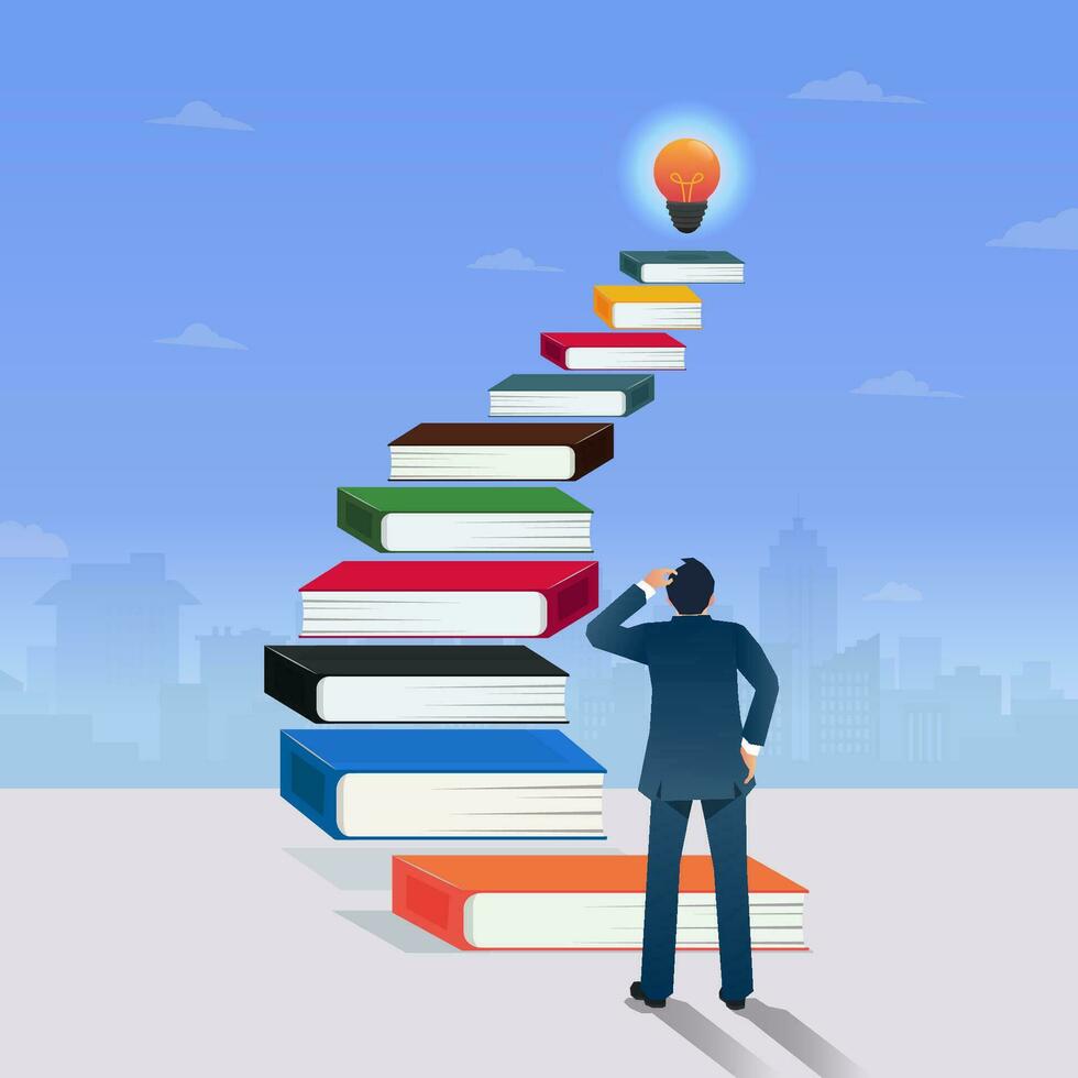 Businessmen standing looking at book stairs with light bulbs on top. Education, practice and looking for idea concept vector illustration