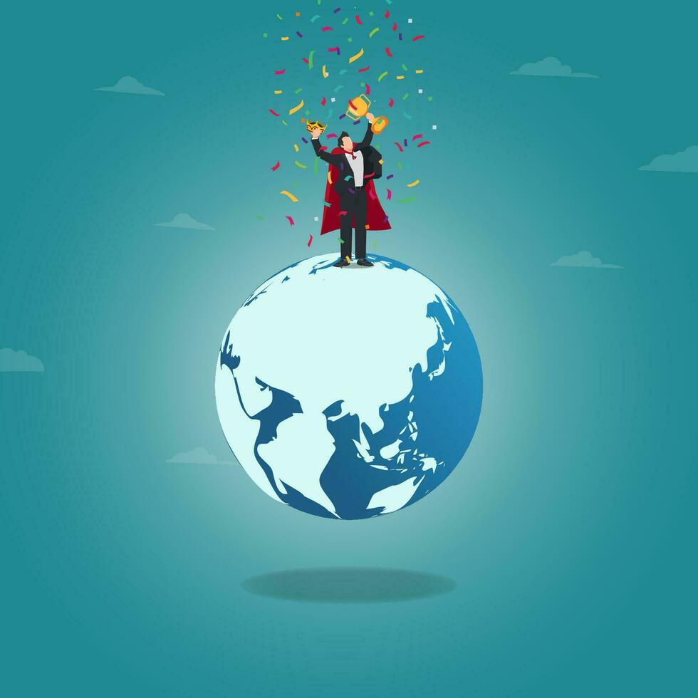 Businessman standing on earth holding the trophy and crown. Success in the world concept vector illustration