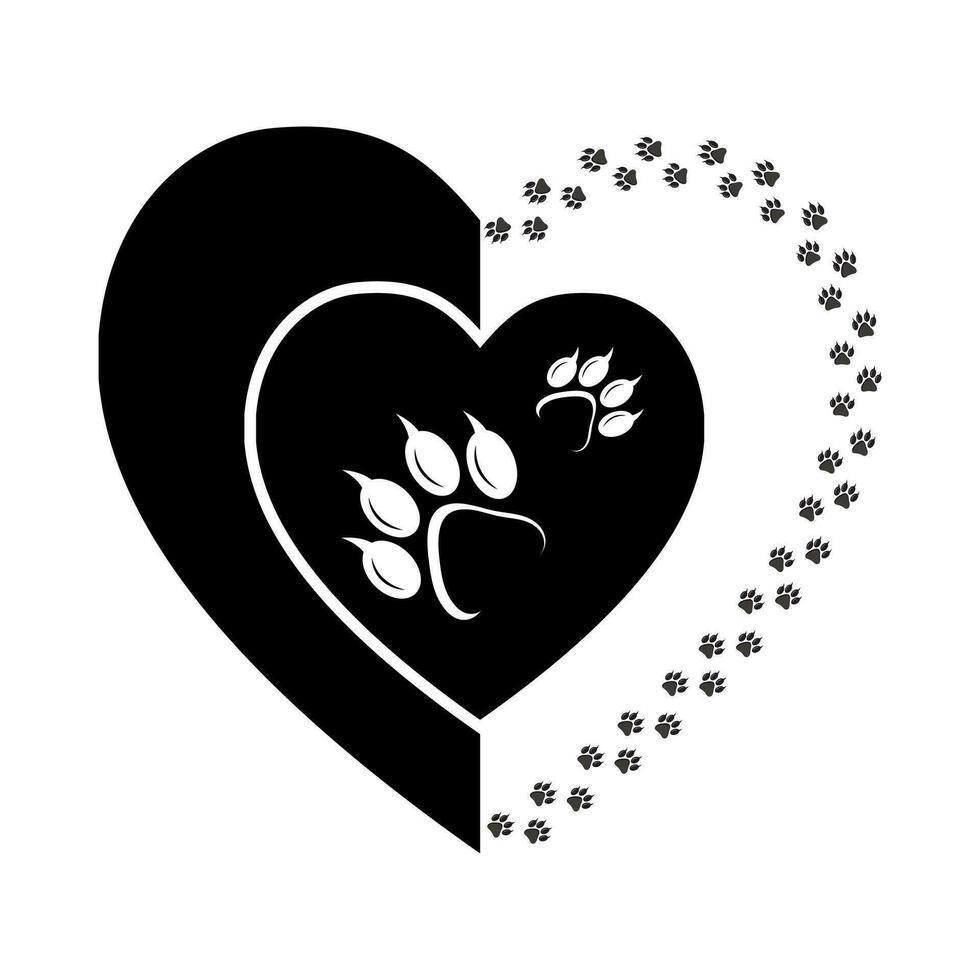 black paw print in love shape vector