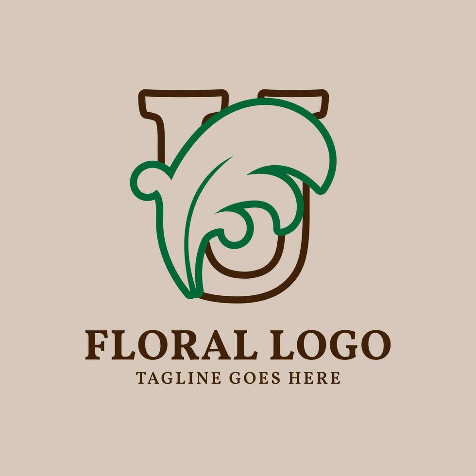 letter U floral outlined vintage leaf color vector logo design