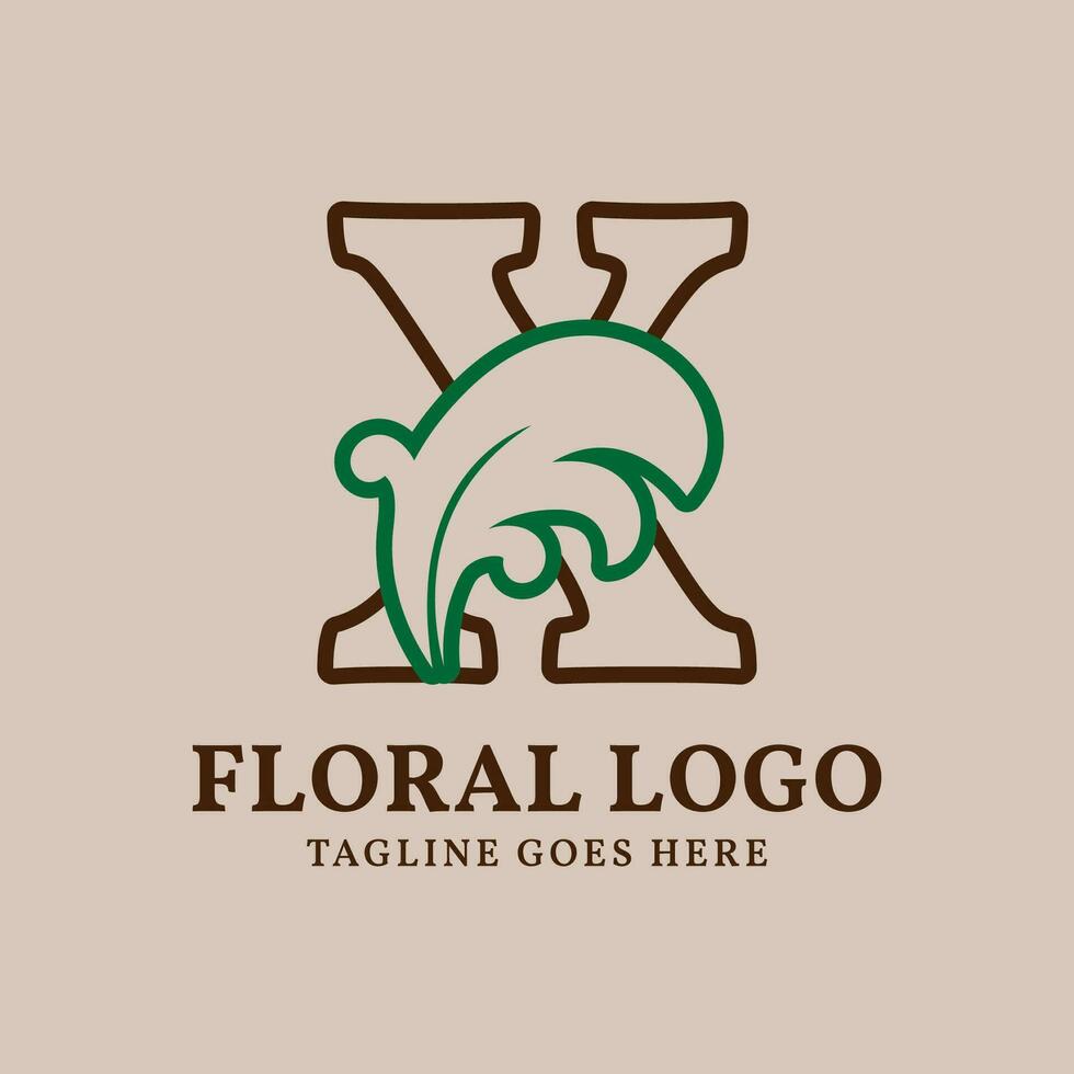 letter X floral outlined vintage leaf color vector logo design
