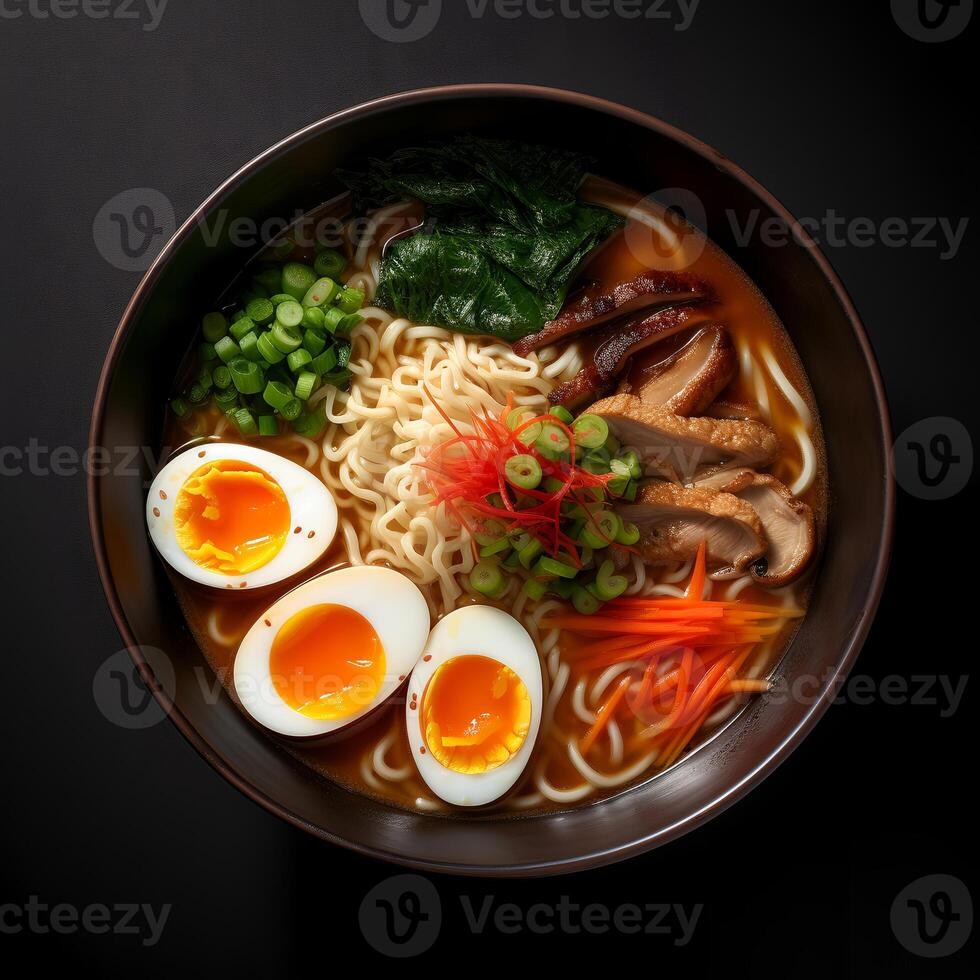 Food photography of Ramen on dark bowl isolated on dark background. Generative AI photo