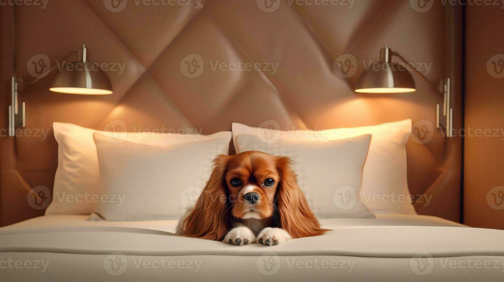 cavalier dog lying on bed in hotel with contemporary interior design. Generative AI photo