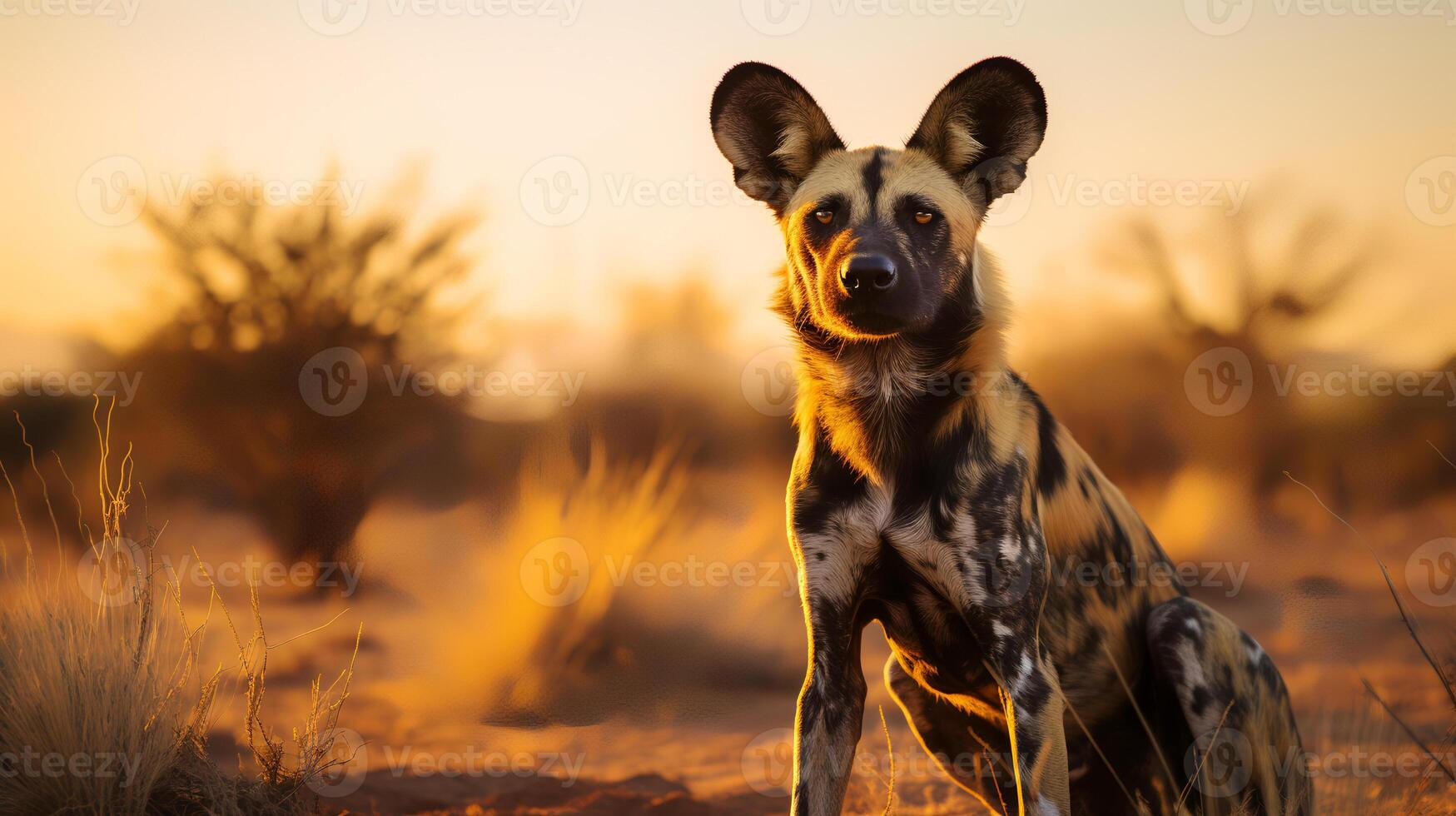 foto de africano salvaje perro en sabana a puesta de sol. generativo ai