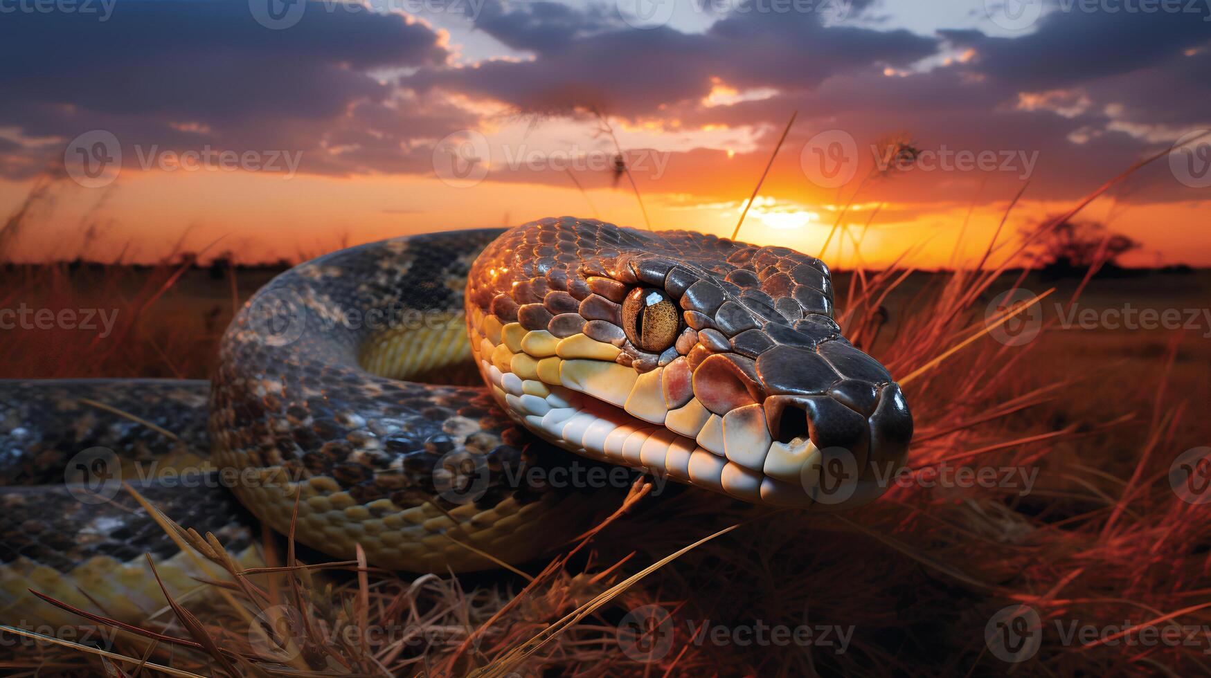 Photo of African Python on savanna at sunset. 26742615 Stock Photo at ...
