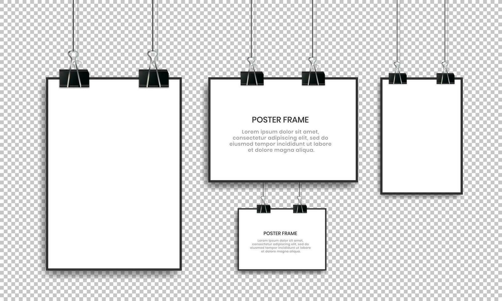 Blank white poster hanging with binder clips. vector