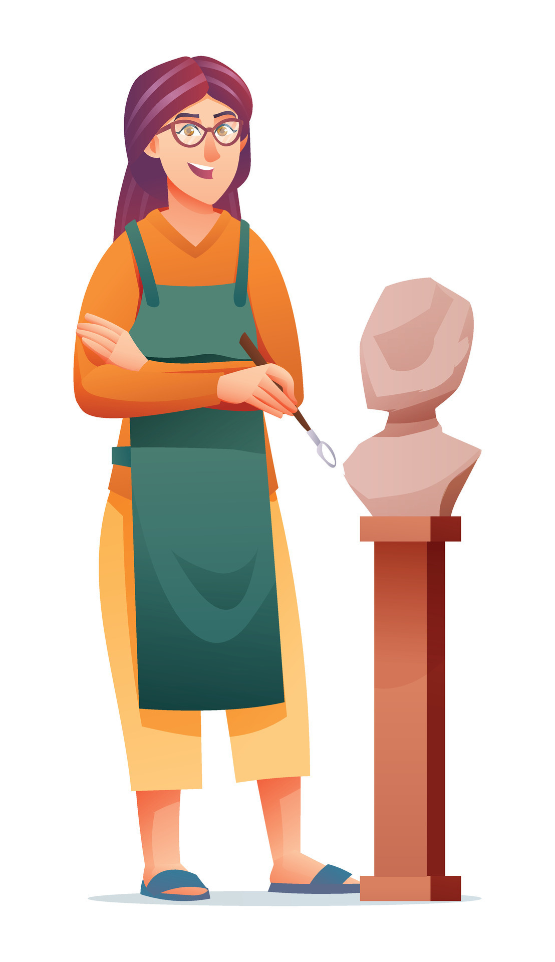 Woman sculptor making sculpture with sculpting tool. Vector cartoon