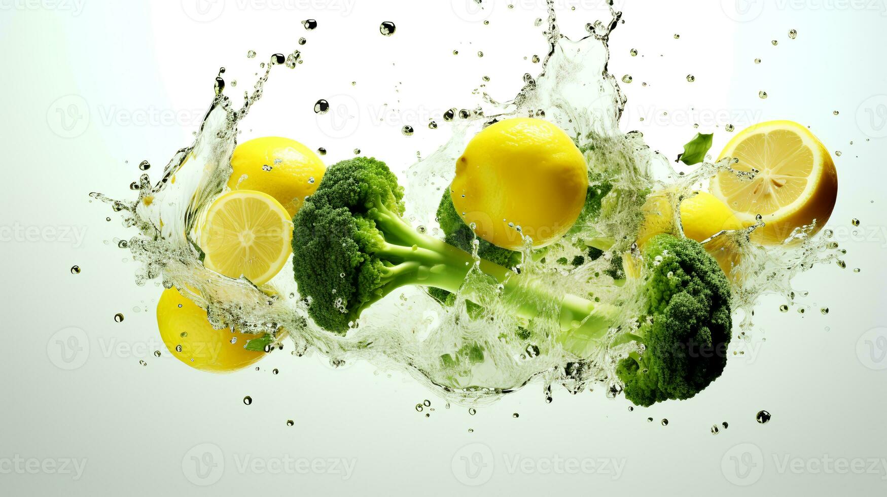 Photo of Broccoli and lemon with water splashes isolated on white background