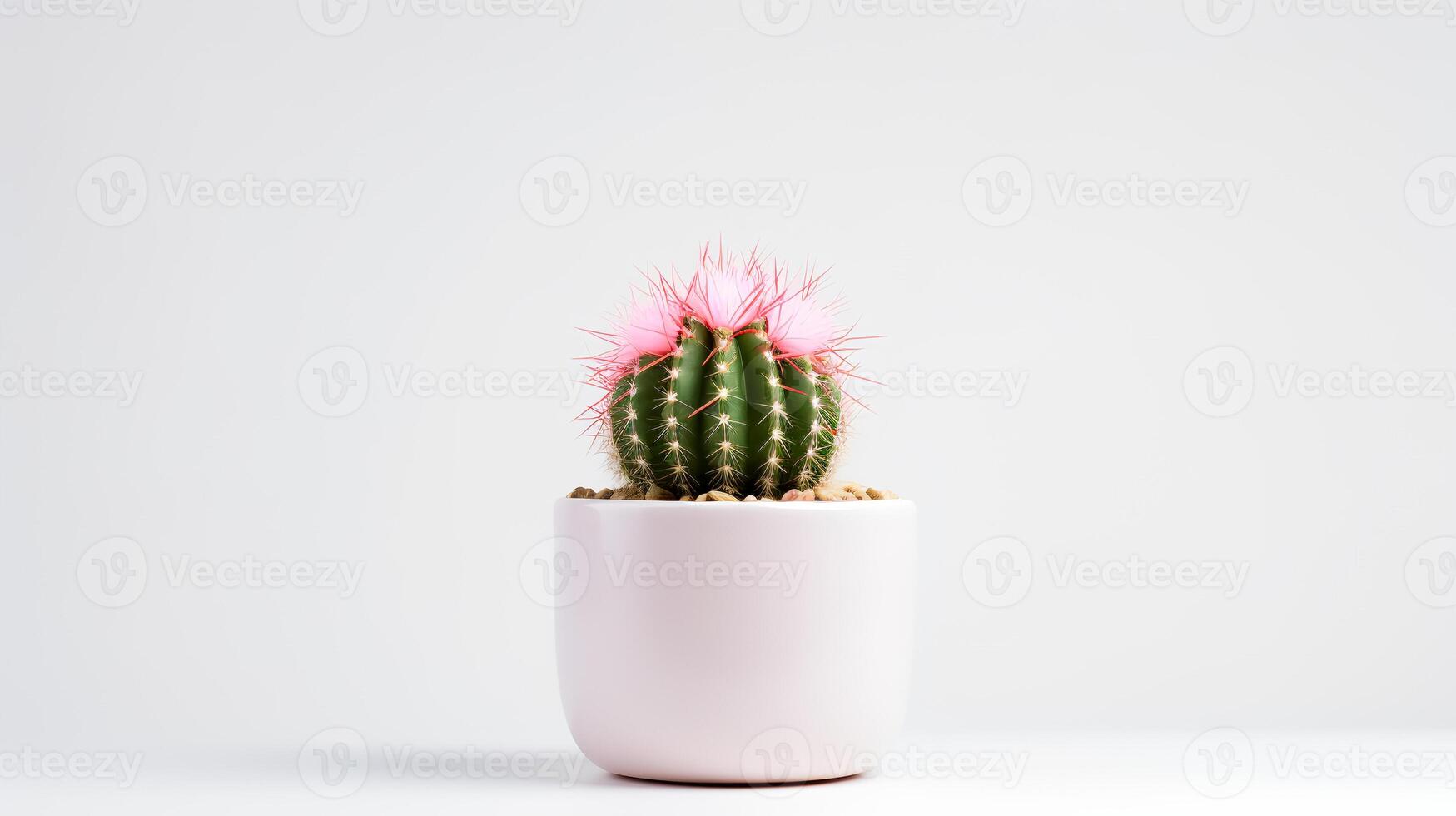 Photo of Hedgehog in minimalist pot as houseplant for home decoration isolated on white background.