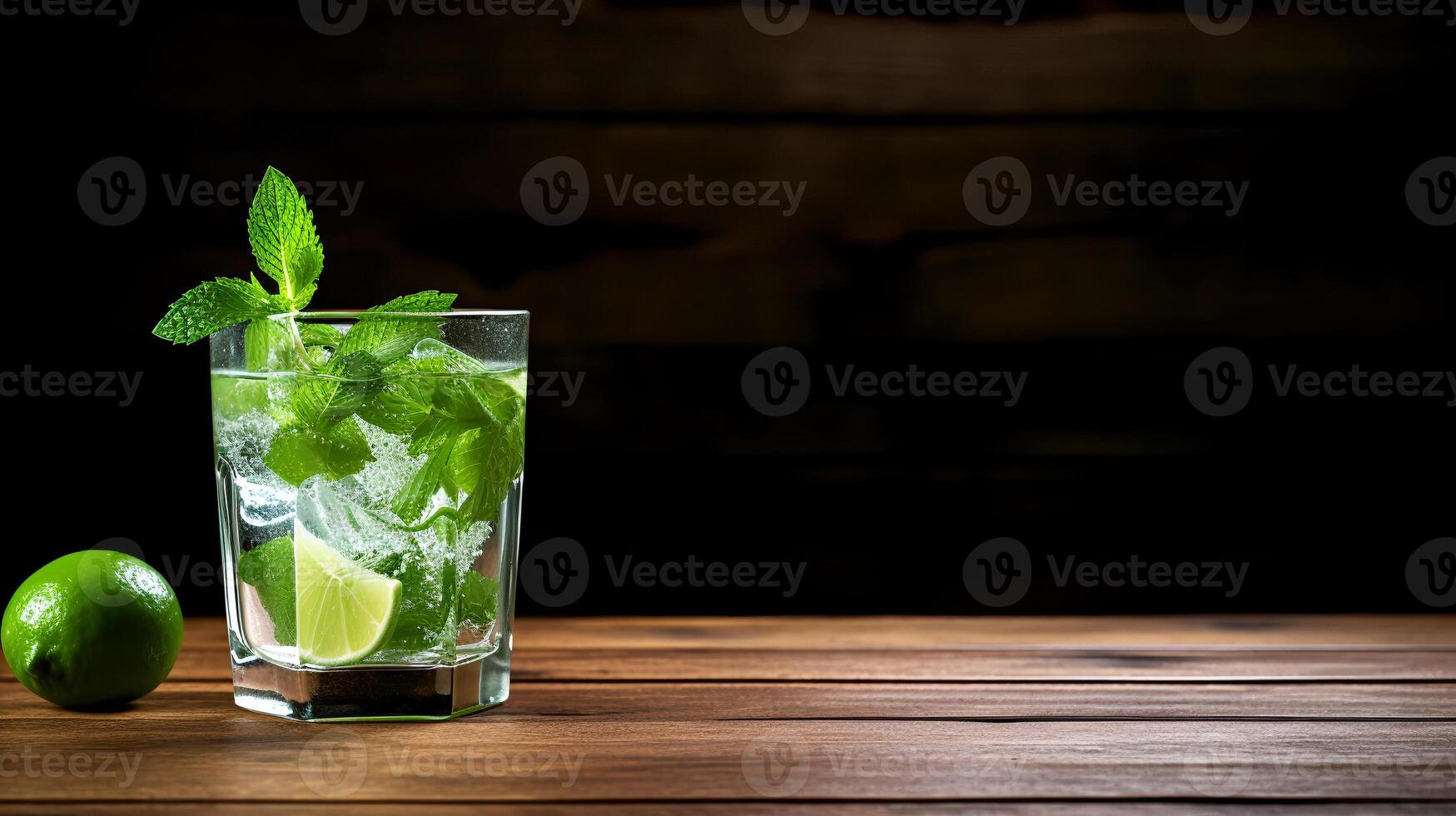 Food photography of mojito on wooden table. Generative AI photo