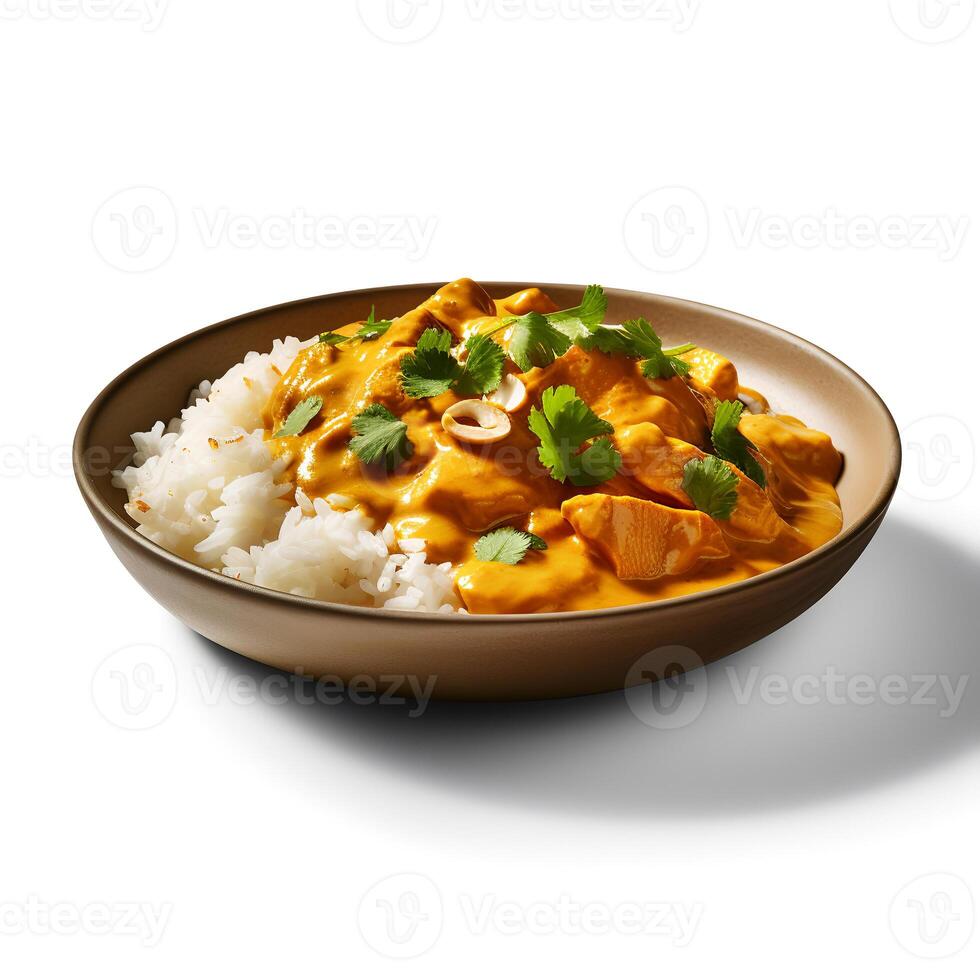 Photo of Curry on plate isolated on white background. Created by Generative AI