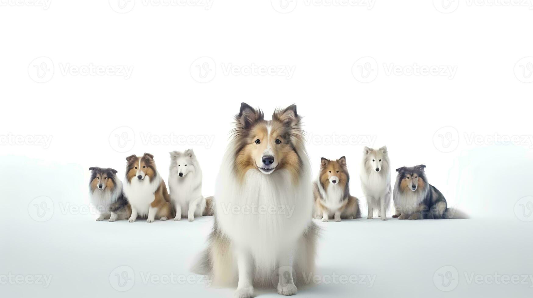 Photo of a rough collie on white background. Generative AI