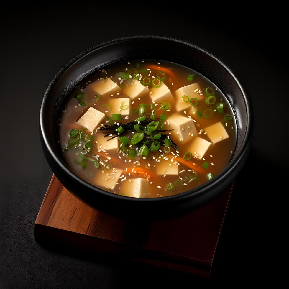 Food photography of Miso Soup on black bowl isolated on dark background. photo