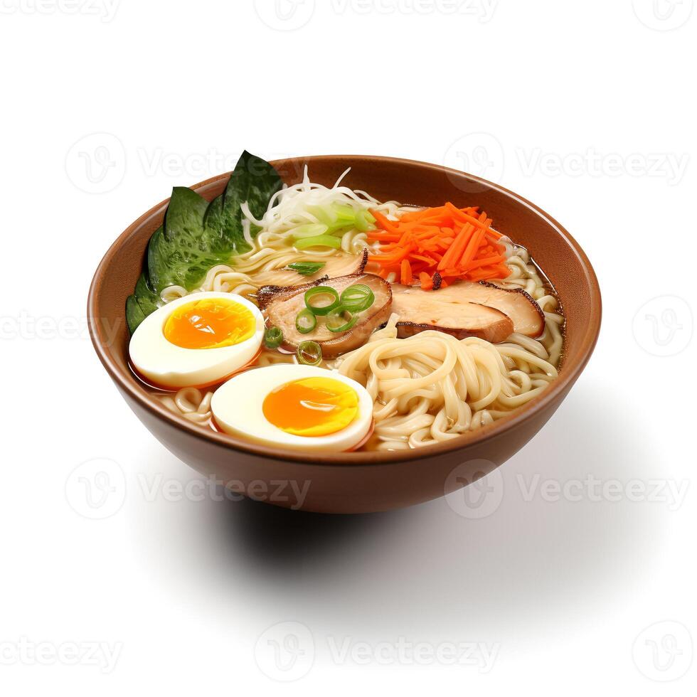 Food photography of Ramen on brown bowl isolated on white background. Generative AI photo