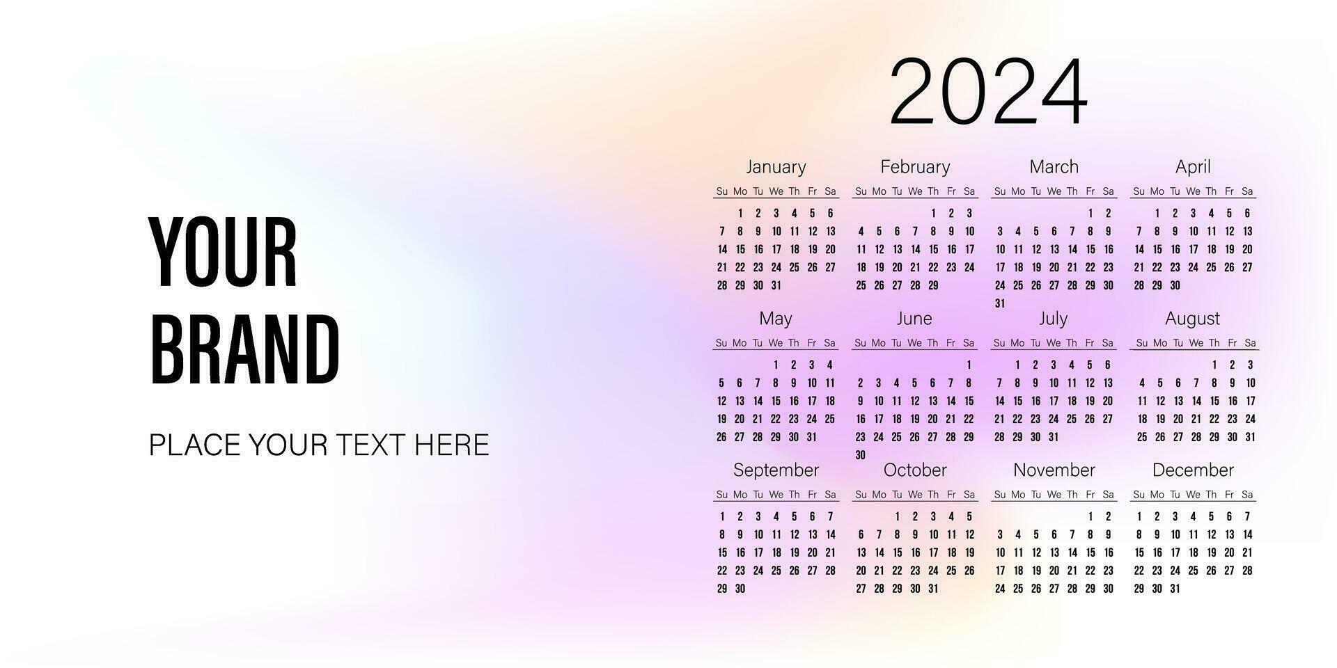 Horizontal calendar 2024 template design on light colorful background for your brand project vector