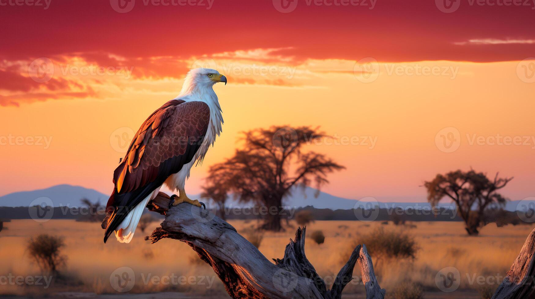 Photo of African Fish Eagle on savanna at sunset.