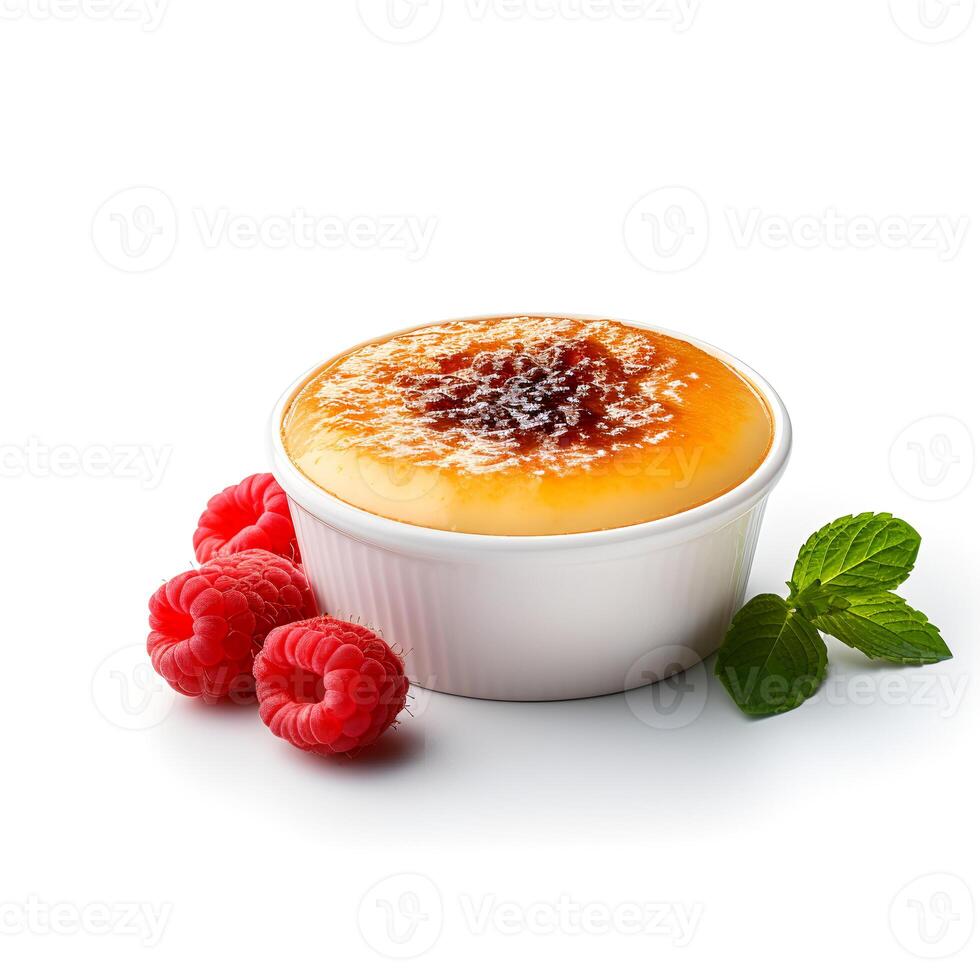 Photo of Creme Brulee with berries isolated on white background. Created by