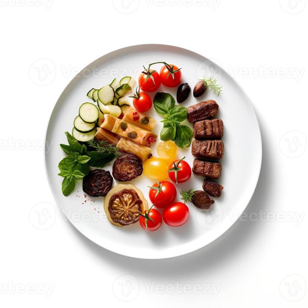 Food photography of raw food on plate isolated on white background. Generative AI photo