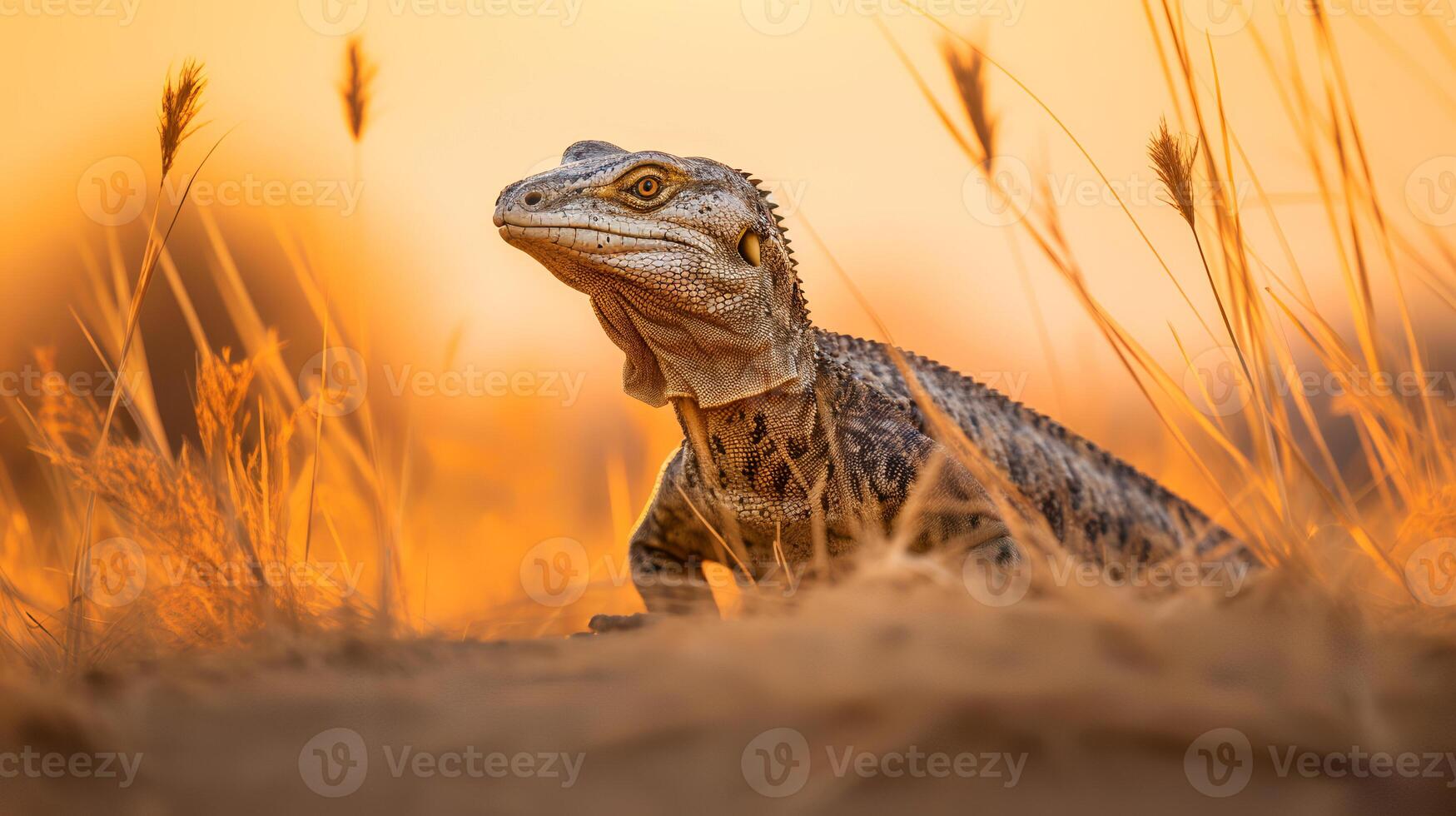 Photo of Nile Monitor on savanna at sunset. Generative AI