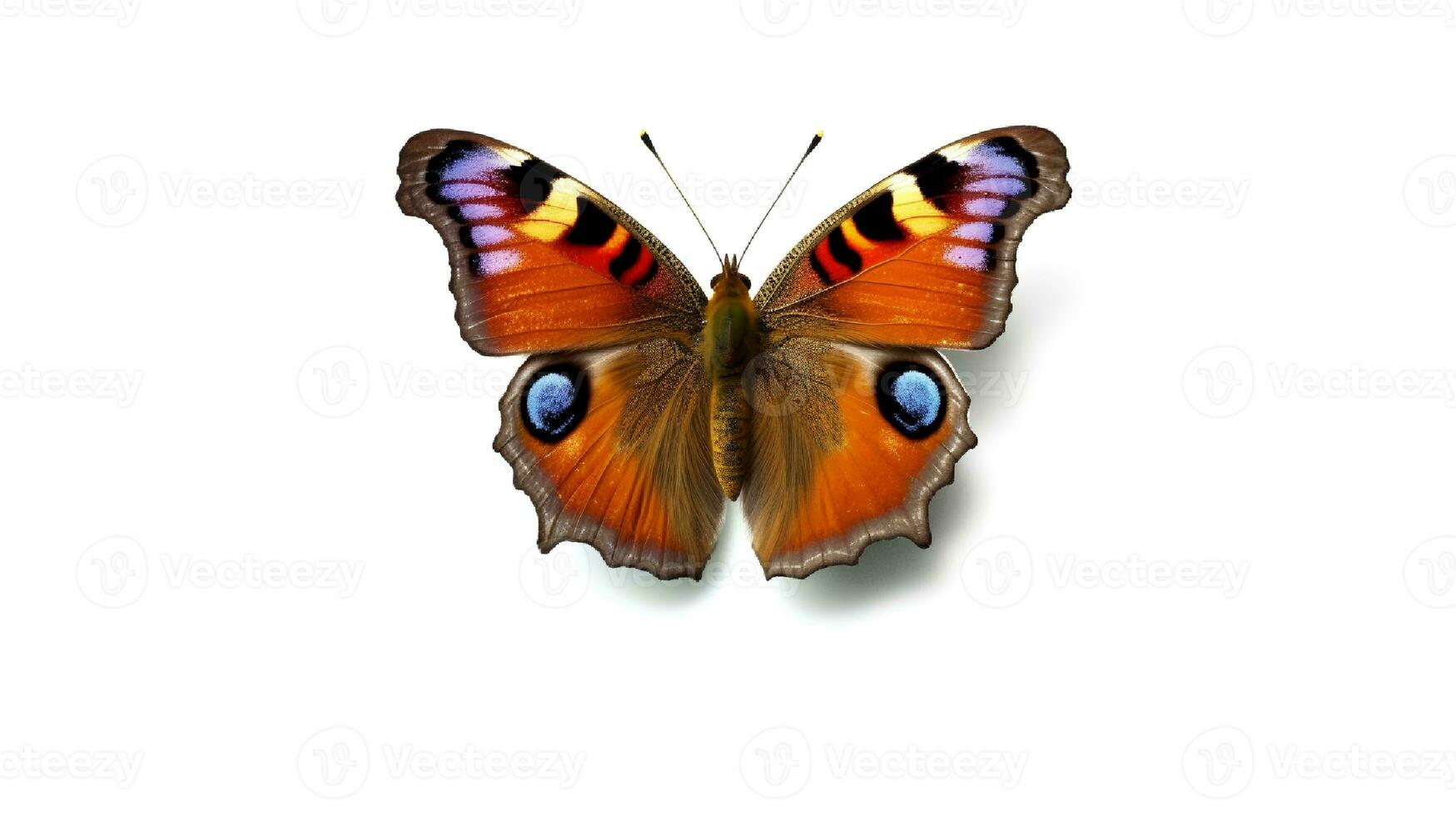 Photo of a peacock butterly on white background. Generative AI