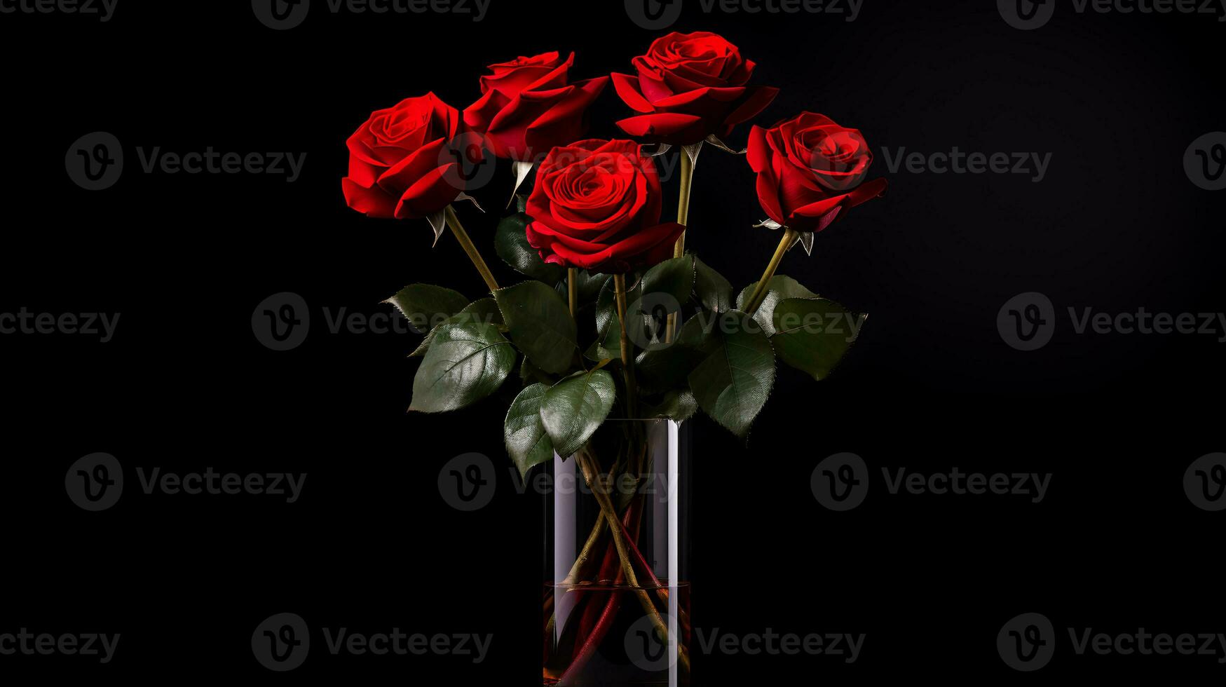 Photo of rose flowers in minimalist vase as houseplant for home decoration on black background. Generative AI