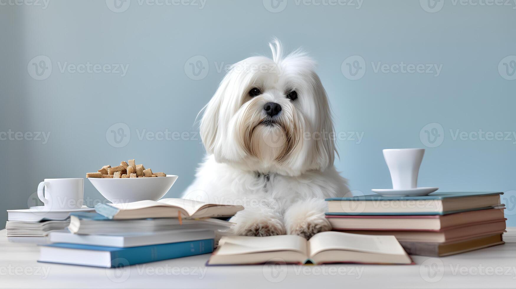 a lhasa apso dog in a sweater sits studying accompanied by a cup and piles of books photo