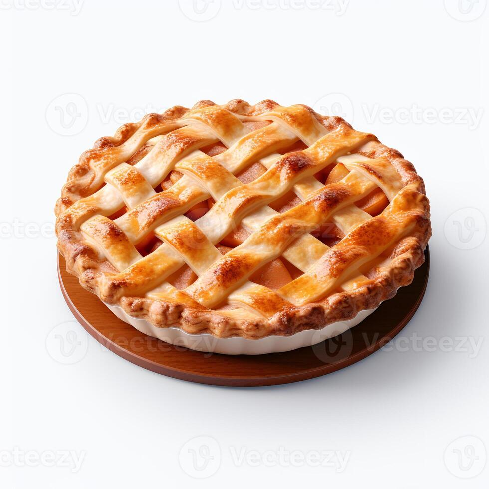 Photo of Apple pie on plate isolated on white background. Created by Generative AI