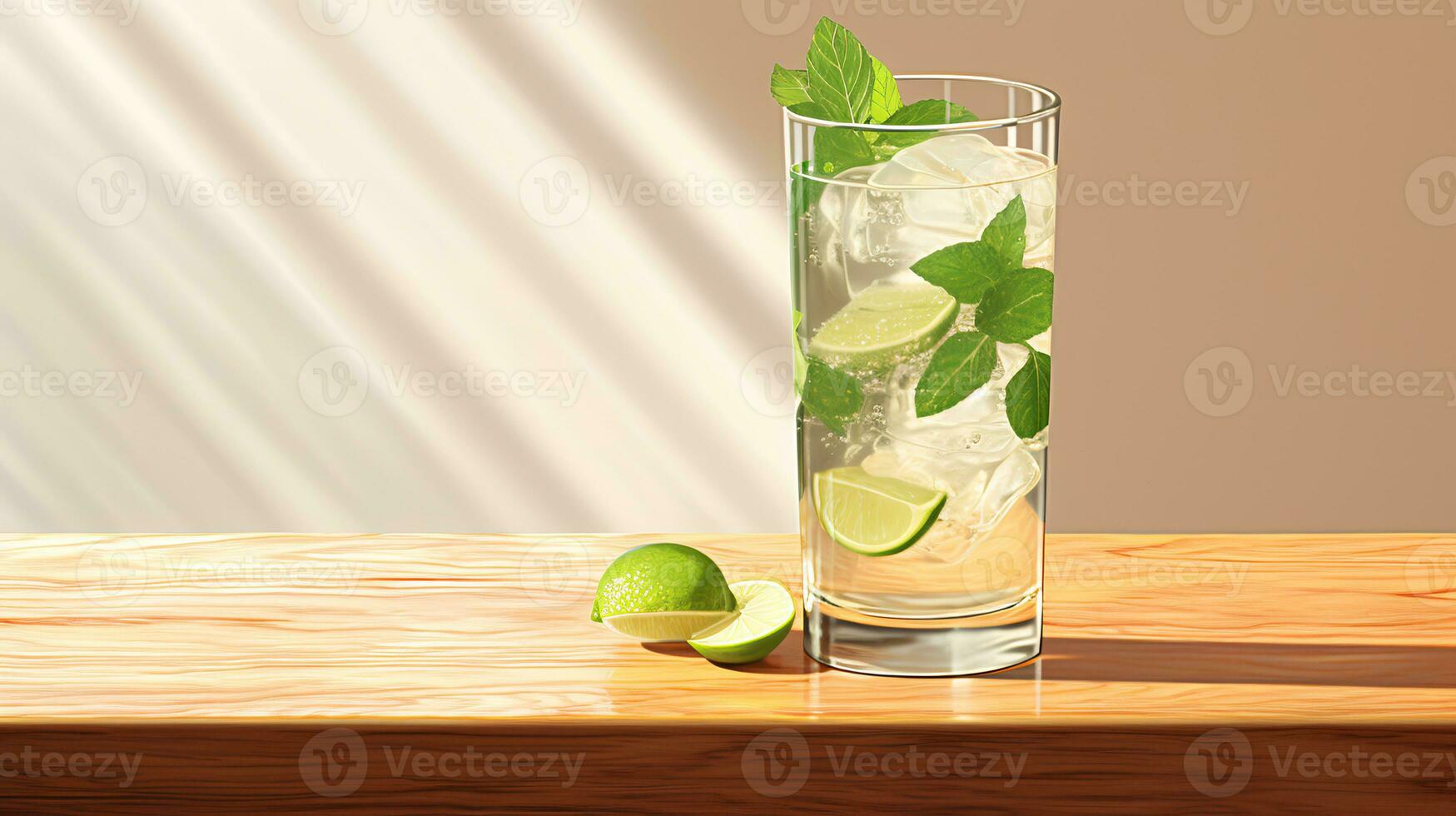 Food photography of mojito on wooden table. Generative AI photo