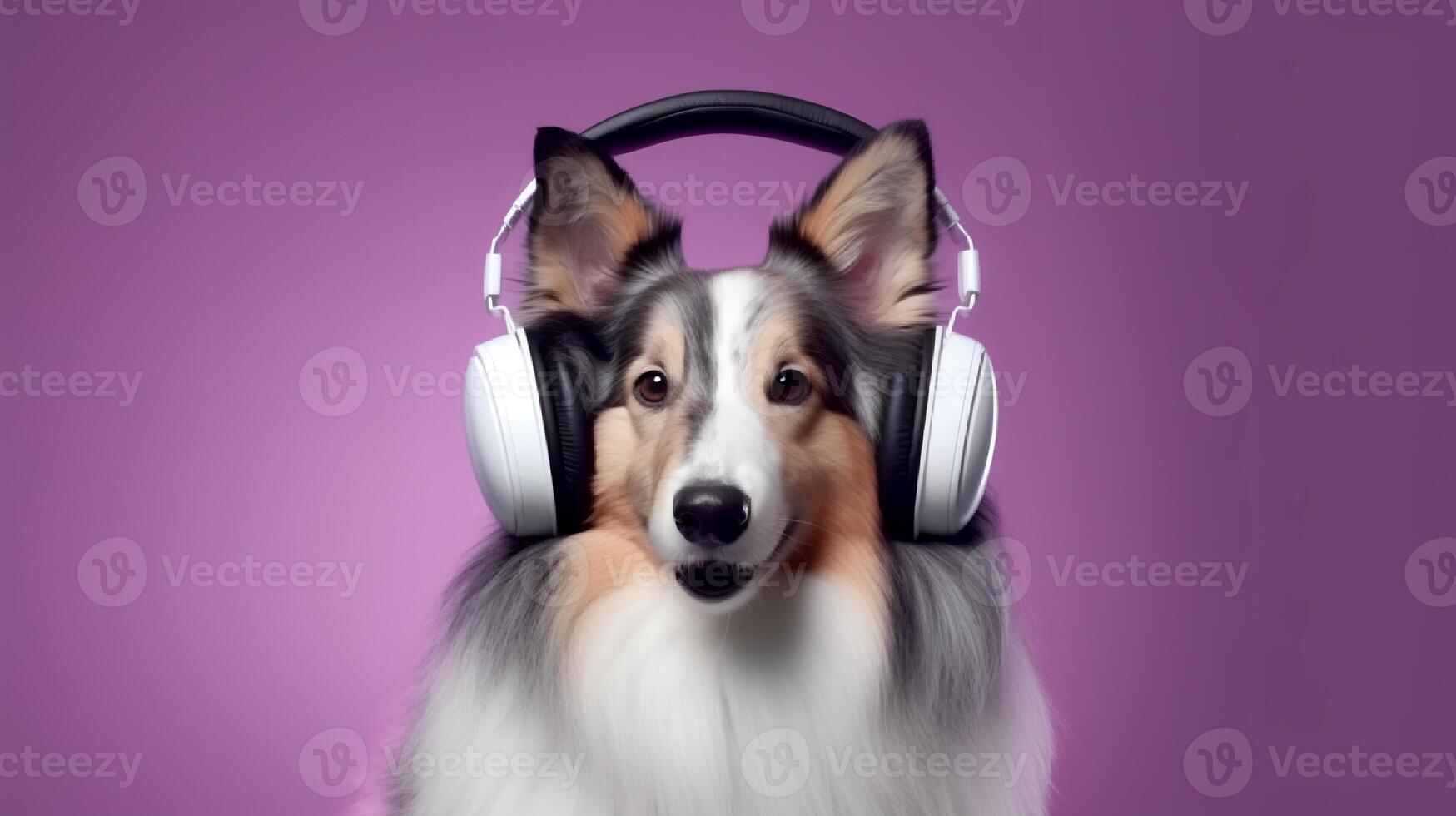 Photo of rough collie using headphone  on purple background. Generative AI